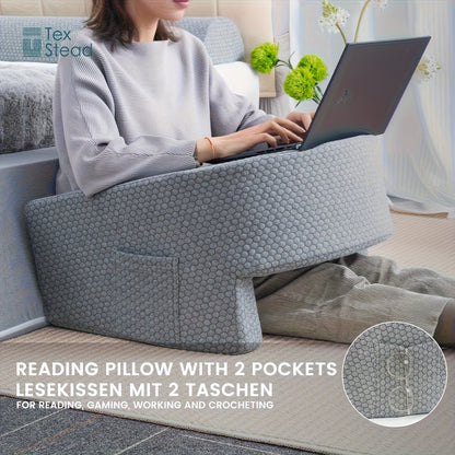 XL Reading Pillow with Arm Rest, Bed Support for Gaming and Work, Washable Cover, Quilted Polyester-Polyethylene Blend, Gray, for Bed Reading.