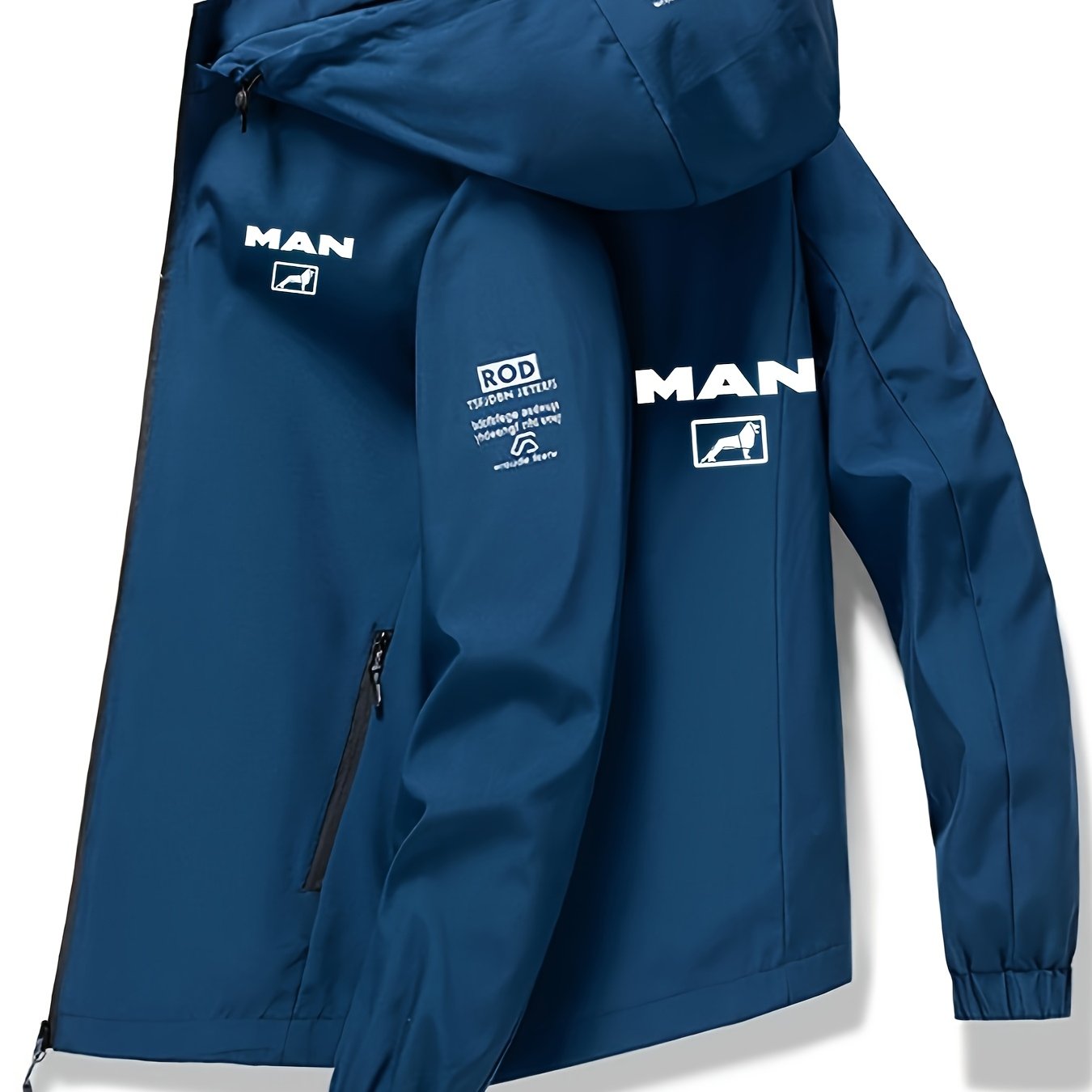 Navy blue men's outdoor jacket with "for Man" print, detachable hood, zippered pockets, made of high-quality polyester. Suitable for spring and autumn, ideal for casual outdoor wear.