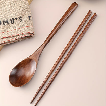 Portable wooden spoon and chopsticks set ideal for camping, travel, picnics, RVs, and office use. Durable utensils for rice, noodles, and porridge. Suitable for home, restaurant, and wedding use. Chopsticks are reusable.