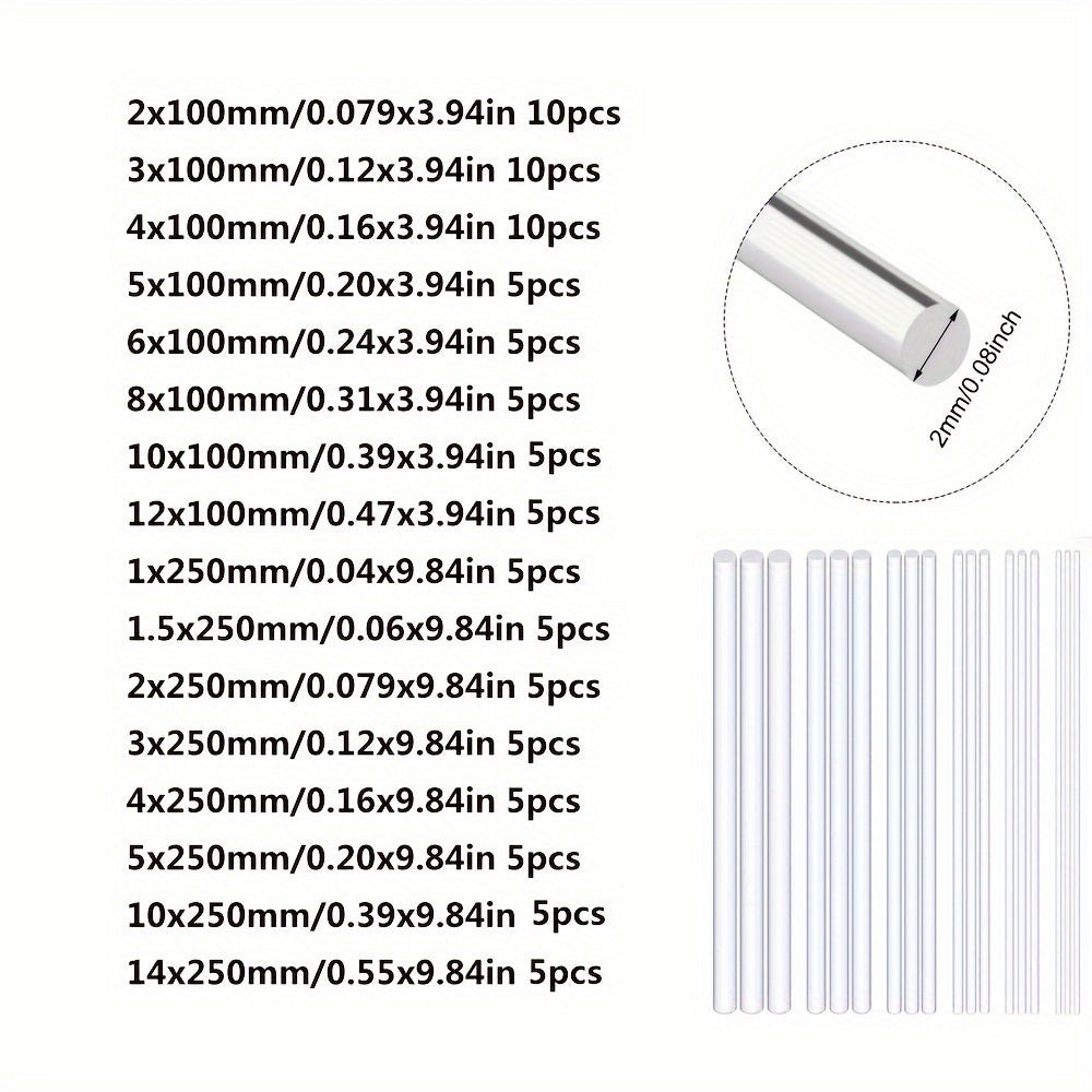 Clear acrylic rods available in sizes ranging from 1-14mm in diameter and 100/250mm in length. Sold in packs of 5 or 10, solid, round, and unpolished.