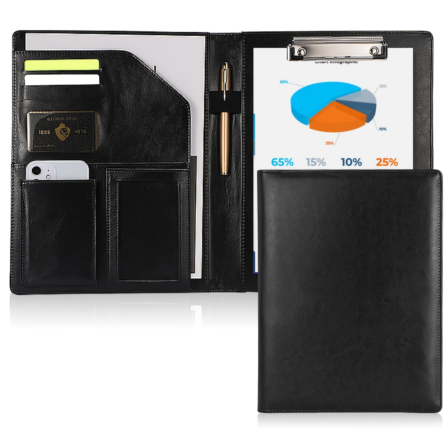 Multipurpose leather portfolio folder for interviews and meetings, includes legal pad, clipboard, pen holder, business card slots, phone and calculator pouches.