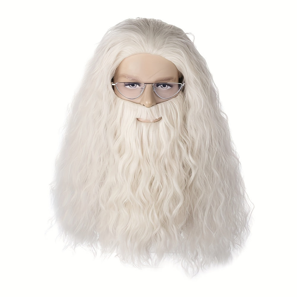 Get into the holiday spirit with our Long Gray and White Wizard Beard and Wig 2-piece set! Perfect for Halloween or Christmas dress-up, this men's wig and beard combo will have you looking like Santa himself. Embrace your inner wizard with this costume