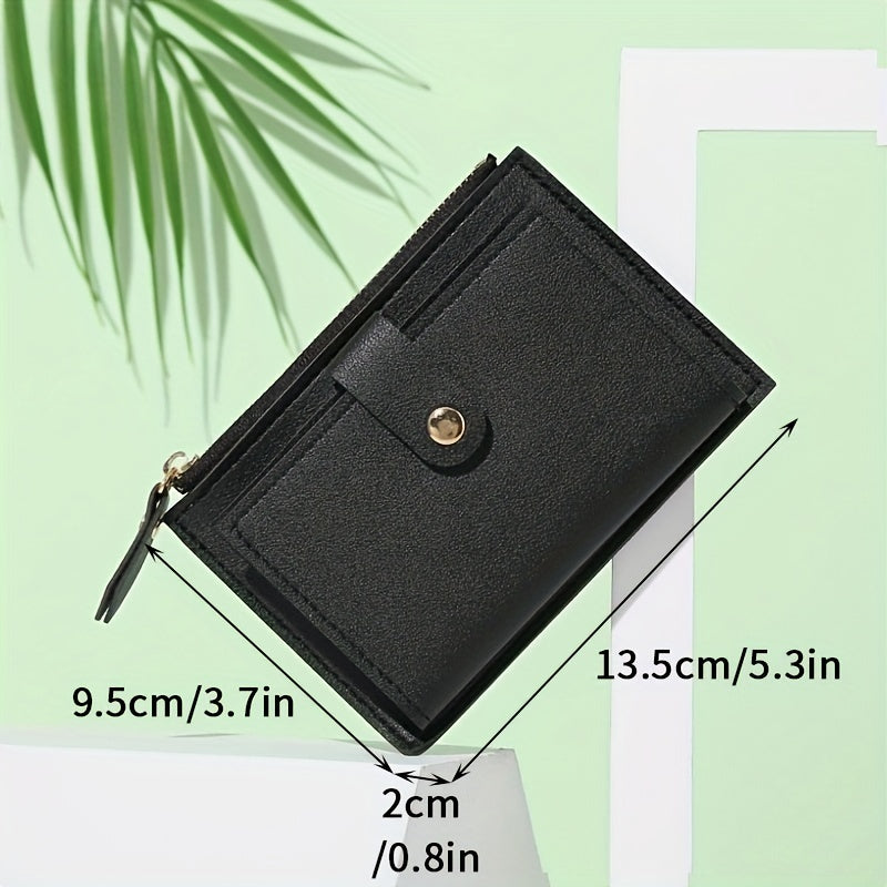 Slim short wallet for women with zipper closure, bifold design, credit card slots, coin purse, and solid color.