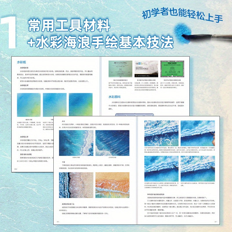 Dreamy Ocean Watercolor Tutorial for Painting Waves in Chinese.