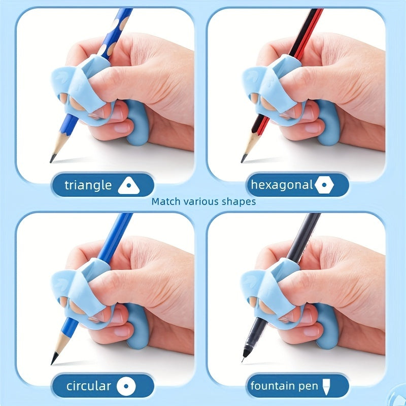 Writing corrector set with soft rubber grip for improving handwriting posture.