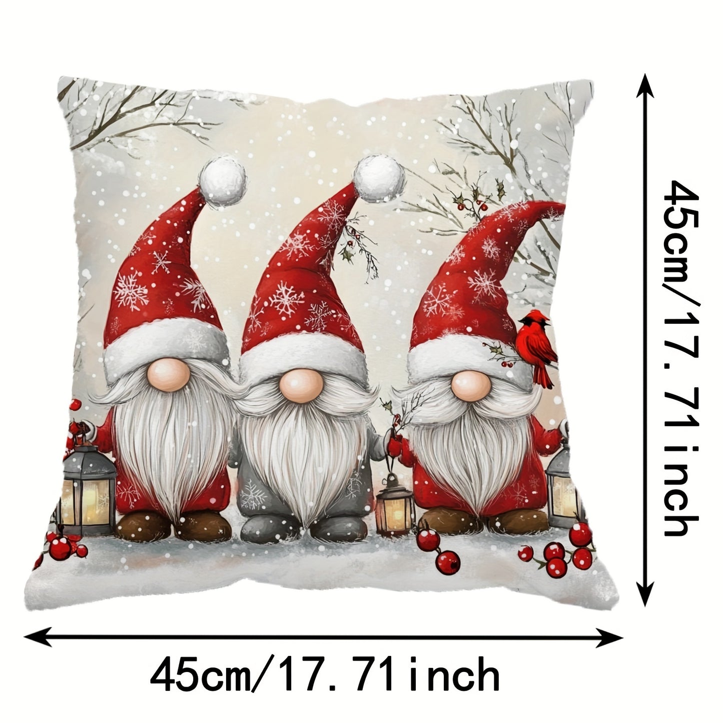 Festive Christmas Gnome Pillowcase: Soft polyester, 44.96cm x 44.96cm, features snowy landscape & red berries. Perfect for living room or bedroom decor. Gnome themed.