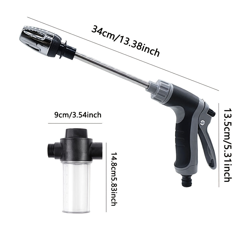 Durable high-pressure sprayer with foam bottle for versatile use on motorcycles, home, and garden. Long rod nozzle for efficient cleaning and irrigation.