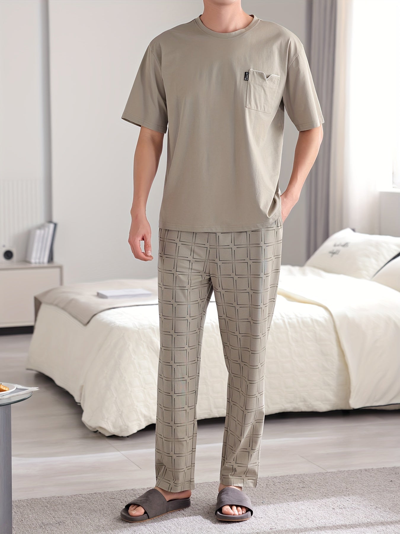 Men's Plus Size 2-Piece Cotton Pajama Set with Trendy Design, Short Sleeve Top, and Geometric Print Trousers. Comfortable and Skin-Friendly Loungewear for Men.