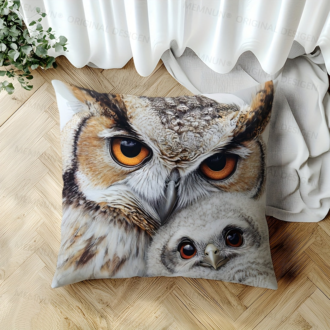 Adorable owl illustration throw pillow cover, 44.96x44.96cm, perfect for living room and bedroom. Machine washable polyester with zip closure. Insert not included.