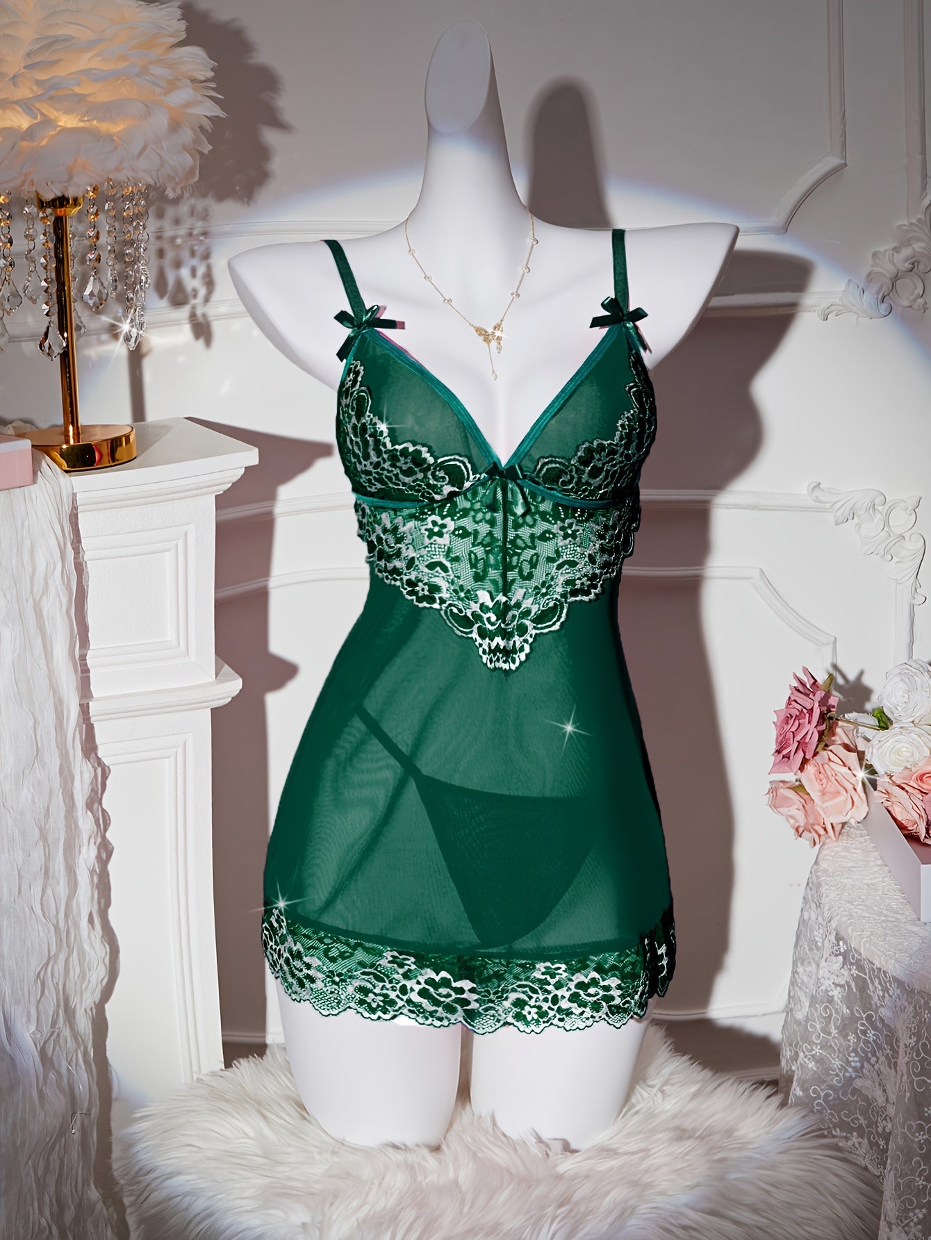 Set includes seductive pajama set with lace patchwork, V-neck nightgown, and thong.