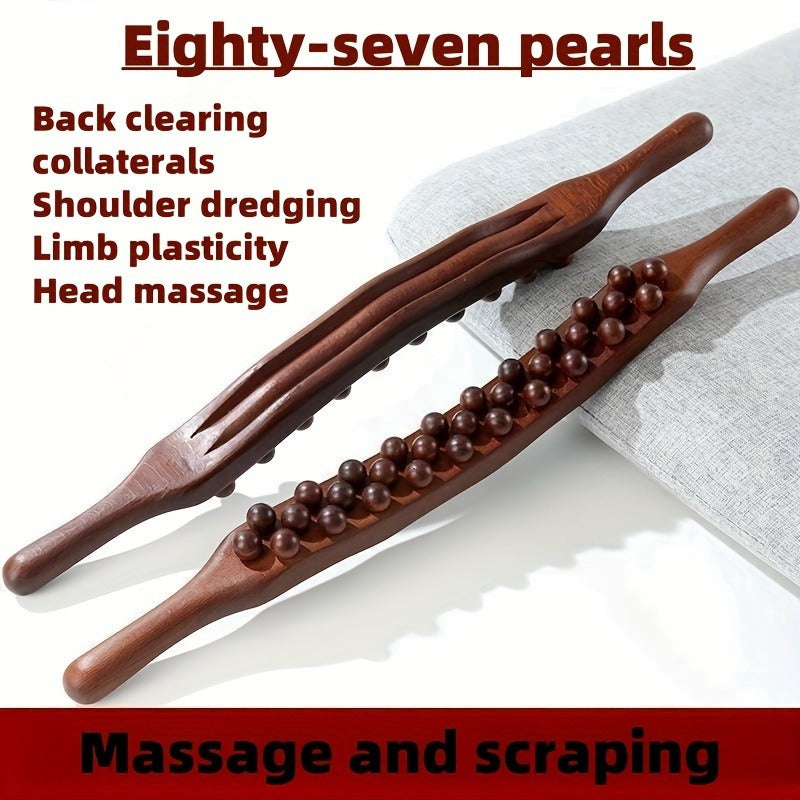 1pc 87 Bead Latex-Free Massage Stick with Three Row Design for Full Body Muscle Relaxation, Natural Wooden Handle with Dark Beads, Essential Wellness Tool.