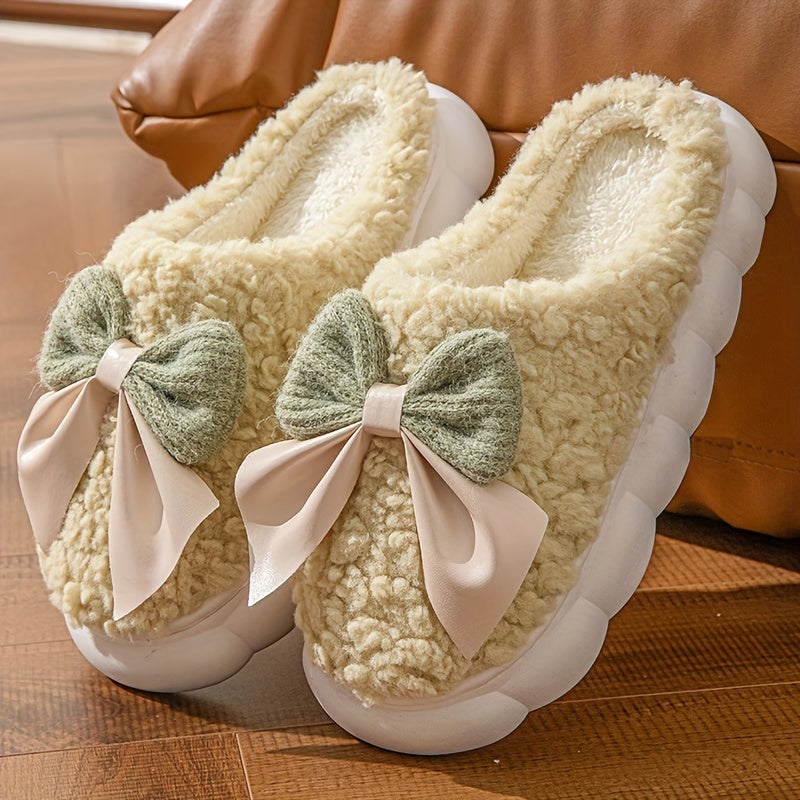 Women's winter warm plush slippers with bowknot detail and non-slip sole, perfect for autumn/winter indoor wear.