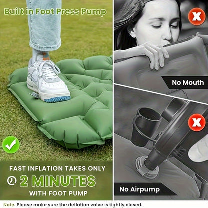 Inflatable sleeping pad with pillow, pump, and repair kit - perfect for camping, travel, and hiking. Made of durable nylon and includes storage bag.