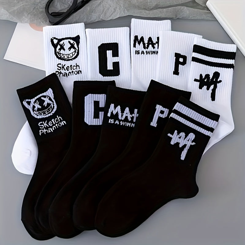 10-Pack Unisex Graffiti Mid-Calf Socks - Cotton Blend, Striped Knit, Elastic Cuff - Handwash/Dry Clean Safe.