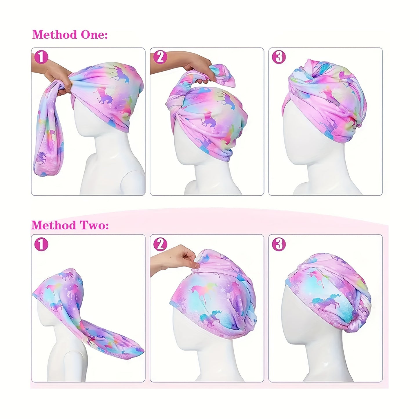 Printed microfiber hair towel for kids with quick-drying soft fabric, and button hair bandana for girls to wrap wet hair in salon.