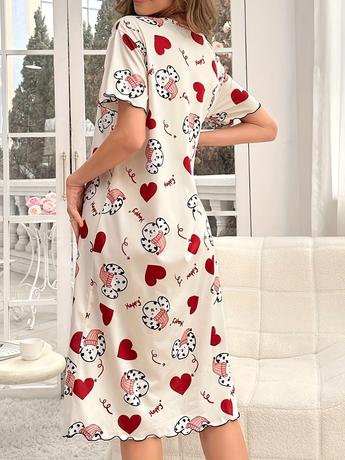 Cozy pajama dress with spotted dog & heart print, short sleeve, round neck, soft poly blend, machine washable