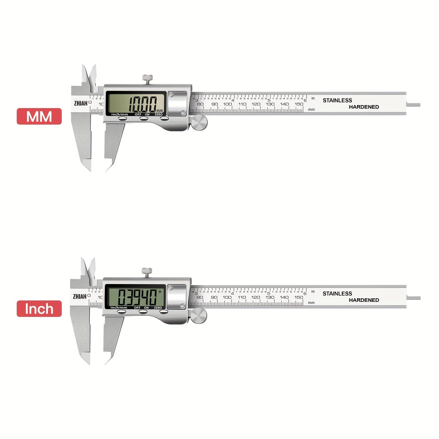 Stainless steel digital caliper with large display, automatic shut-off, and inch/mm conversion. Battery powered with non-rechargeable button battery.