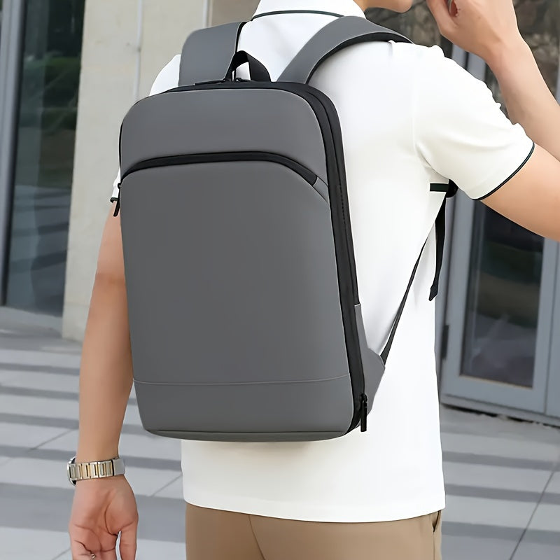 Expandable faux leather backpack with durable zipper, multi-pad laptop compartment, ideal for daily commute and outdoor business travel. Available in black, dark grey, and light grey