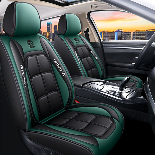 Luxury PU leather car seat cover with stylish green & black design, durable and comfortable. Fit for sedans & SUVs.