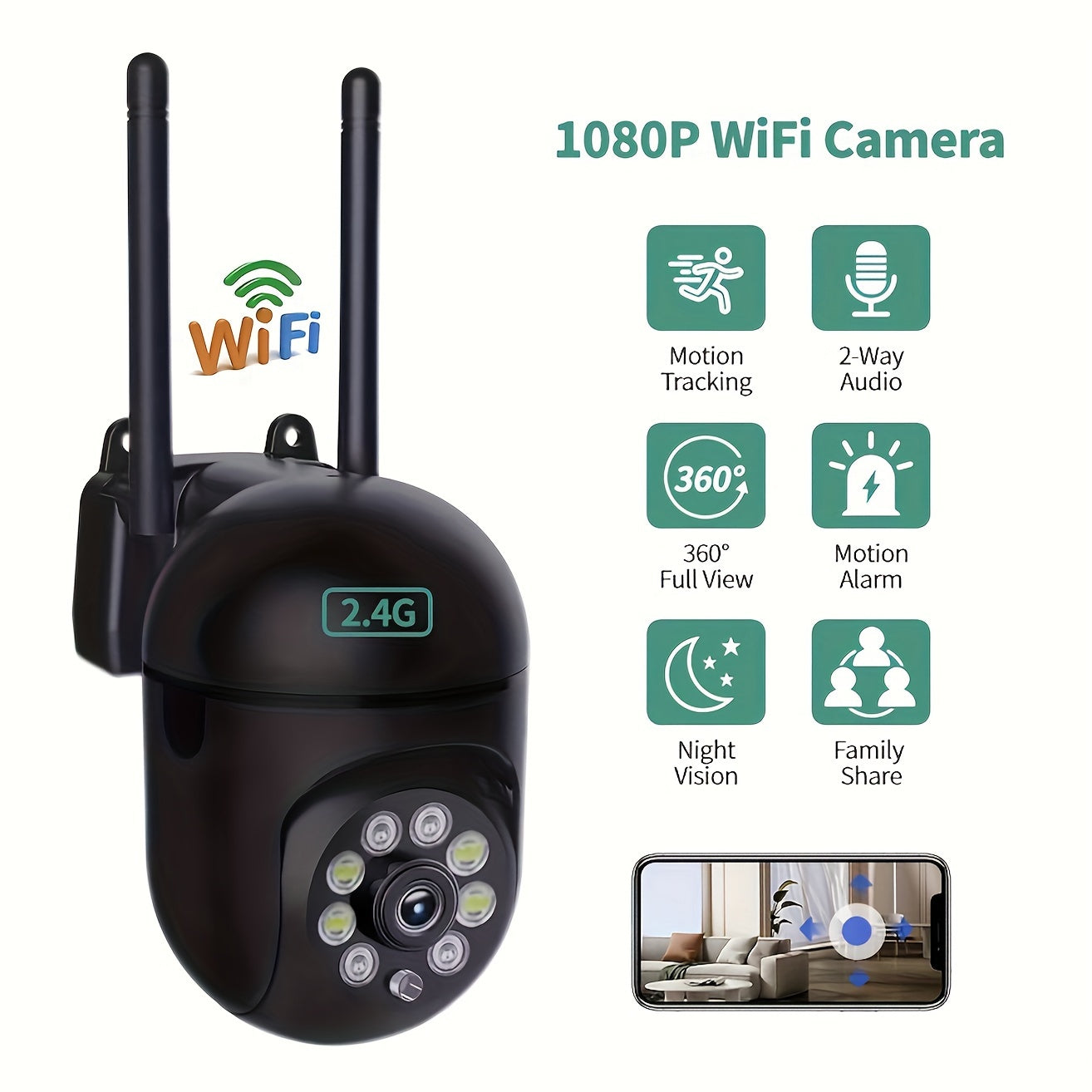 One 1080P HD WiFi security camera with wall-mount, night vision, app control, two-way audio, color display, USB powered, WiFi enabled, 355° Pan and 90° Tilt, AI motion detection, audio and