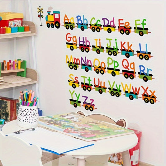 Colorful Cartoon Train Alphabet Wall Stickers - Removable PVC decals for bedroom decor.