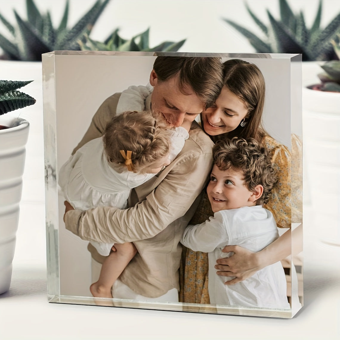 Personalized acrylic photo block for couples featuring a love story picture display. Perfect anniversary or romantic gift. Suitable for ages 14 and up. One piece included.