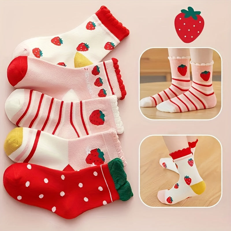 5 pairs of comfortable and breathable strawberry-style children's socks in versatile colors, made from high-grade knitted fabrics. Quality guaranteed and the perfect gift for kids.