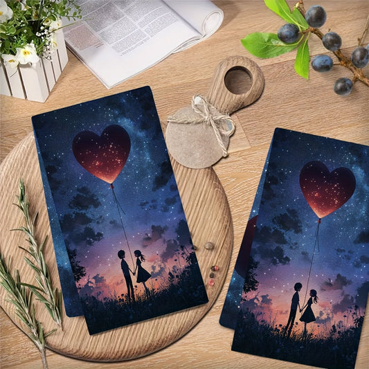 Get 2 Kitchen Towels featuring an Ultra Soft design. The towels showcase a Young Anime Couple standing closely together under a star-filled sky, holding hands with a large heart-shaped balloon floating above them. These Highly Absorbent Dish Hand Towels