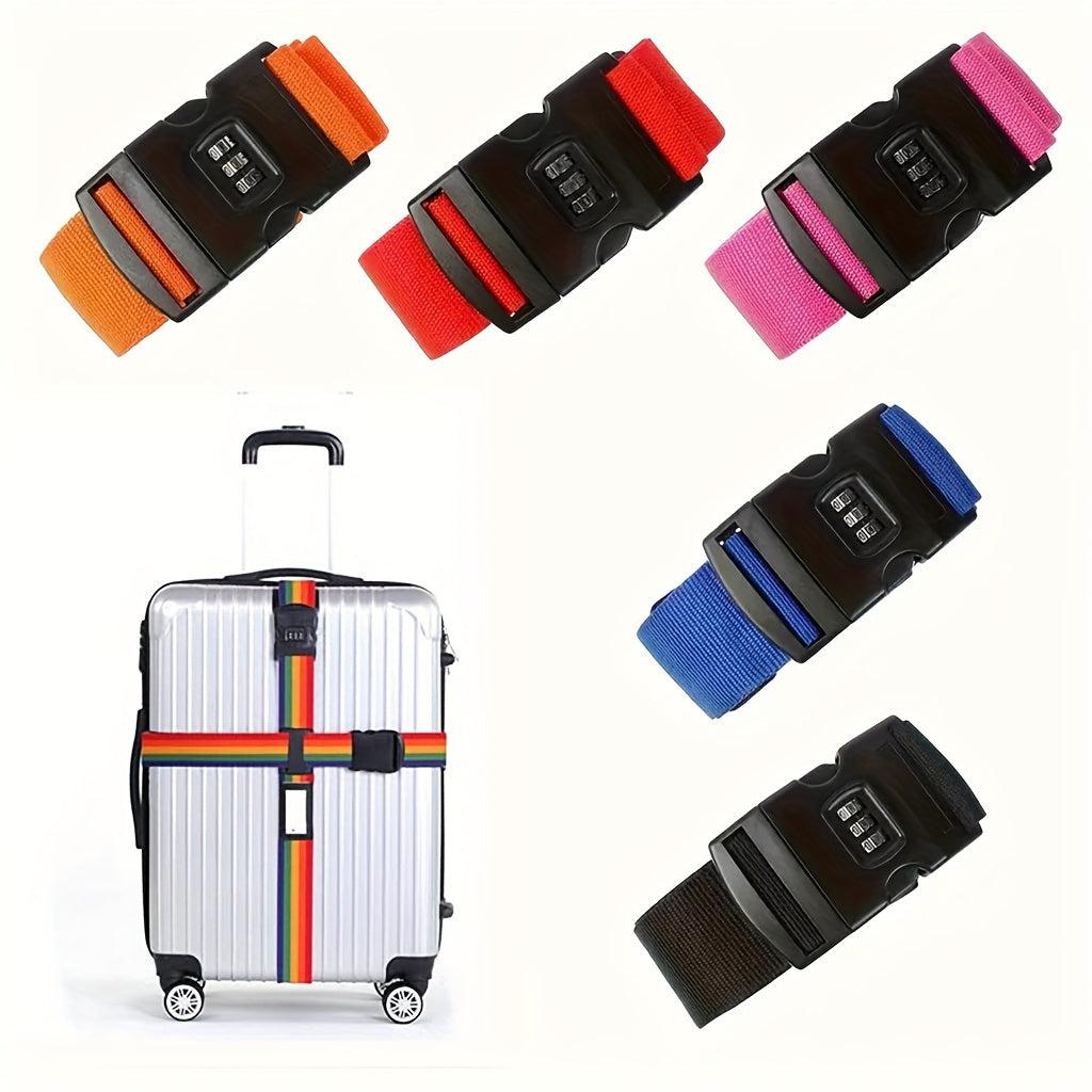 Secure your luggage with this durable adjustable strap featuring a password lock. Includes a nylon crossbody bag hook and name tag for easy identification while traveling. This single piece luggage security strap is both durable and reliable.