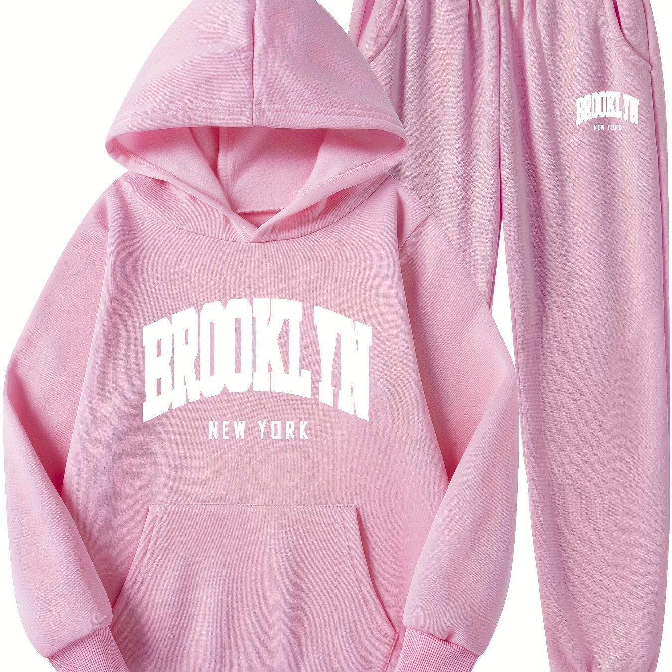 2-piece Brooklyn New York Girls' Fashion Letter Print Hoodie & Sweatpants Set - Cozy Polyester, Long Sleeve, Fall/Winter Casual Sportswear with Pockets, Oversized Hoodie, Ideal for Outdoor