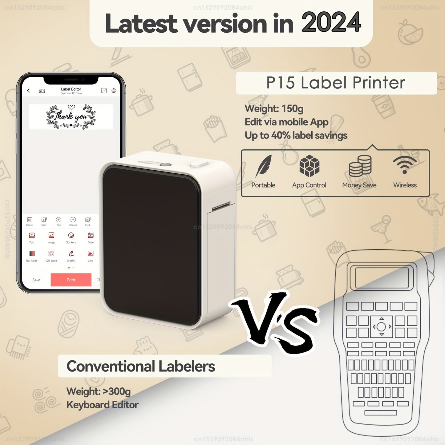 Pristar P15 Portable Wireless Thermal Label Printer for Barcodes, Clothing, Jewelry & Snacks. Inkless, HD Printing, Wireless Connectivity, Rechargeable Battery. 20mm/s Speed, Compatible