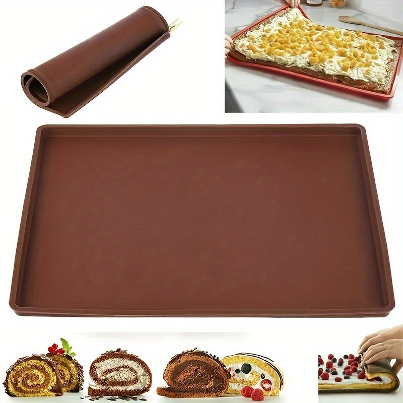 One piece of Swiss Roll Cake Mat measuring 30.48cm X 25.81cm, a flexible baking tray made of silicone, and a cookies mold for the kitchen baking tools.