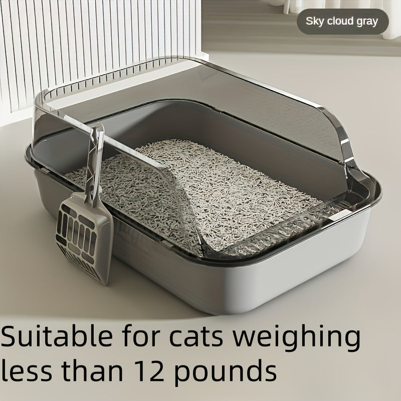 Enclosed medium-sized cat litter box with scoop made of durable plastic. Features include square design, high edges, and splash guard for easy cleaning. Supports up to 5.44 KG cats.