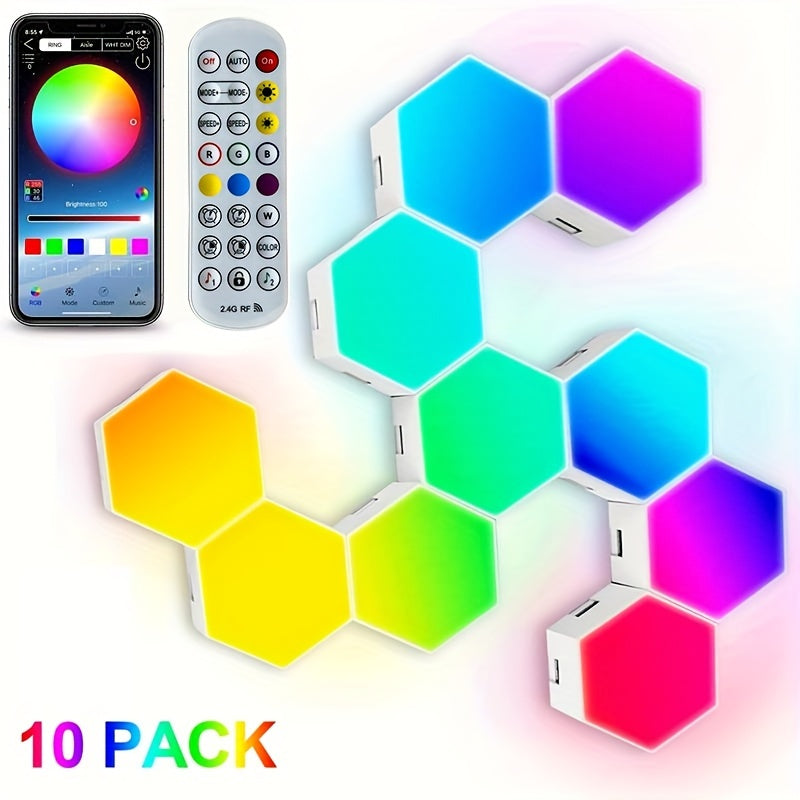 Smart RGB Hexagon LED Wall Lights with Sound Remote Control - Set of 10 Pieces. Modular Panels for DIY Geometry Splicing and Music Sync. Perfect for Room Decor.