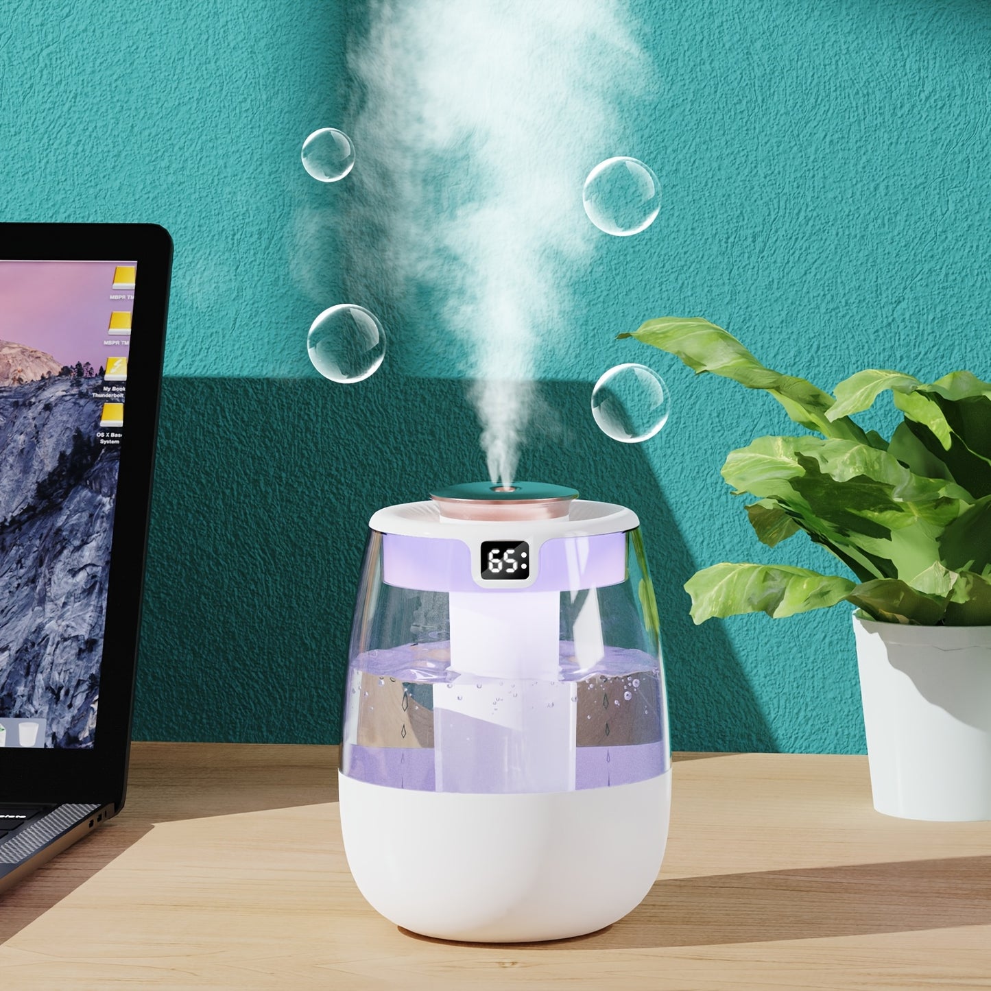 1pc Ultrasonic Humidifier with Warm Night Light and Large Capacity, perfect for bedroom or office use. Features double spray, water level display, and key control. Up to 2.5L tank with