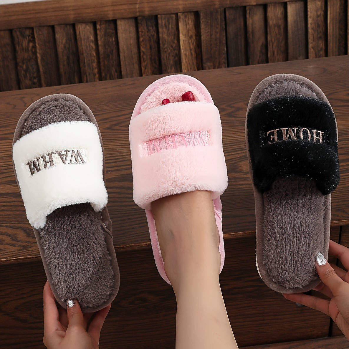 Women's Plush Faux Rabbit Fur Slippers in Soft Pink & Grey with "Home" Detail, Cozy Open-Toe Slip-On Design for Indoor Comfort. Luxurious House Shoes for Lounge or Bedroom.