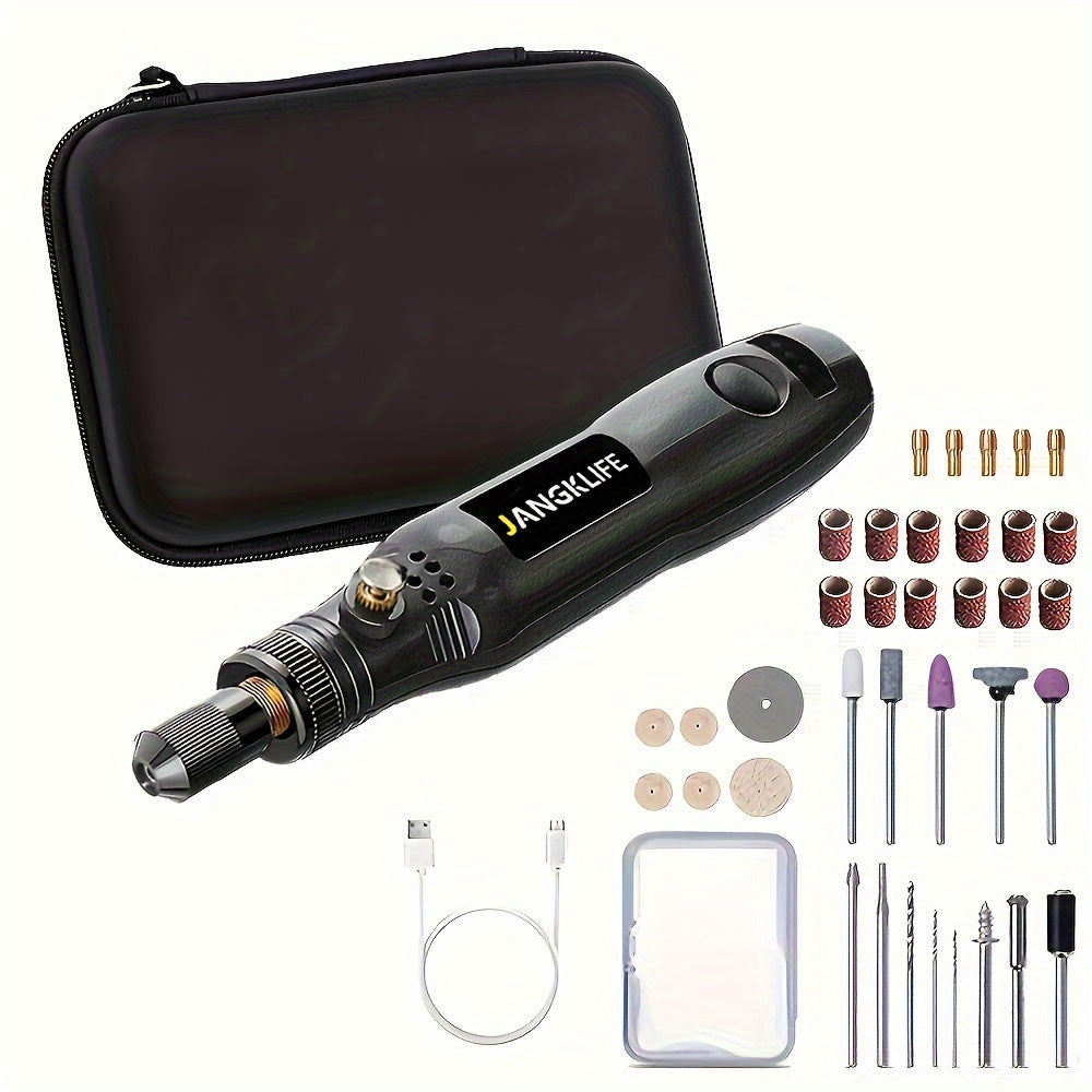 Cordless rotary tools set including rechargeable engraving pen, electric adjustable-speed engraving pen, and portable wood carving tools for grinding, polishing, and etching.