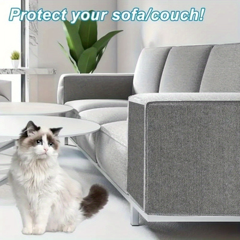 Self-adhesive cat scratching mat protects furniture with customizable sisal pad for couches, sofas, and carpets.