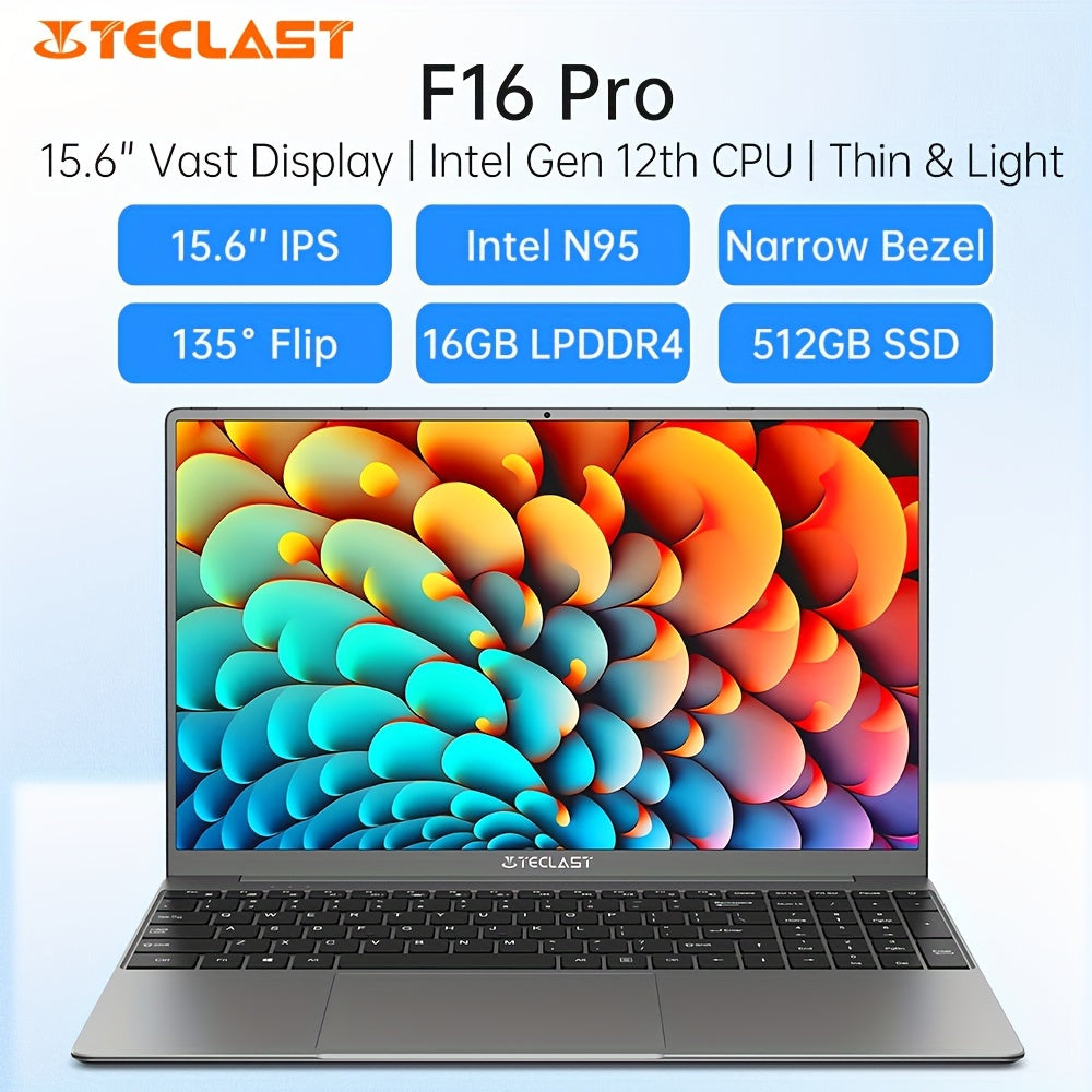 TECLAST F16 Pro: Intel Gen 12 CPU, 12GB RAM, 256GB SSD, 1920x1080 HD display, full-size keyboard, large trackpad, 135° flip design, lightweight, Windows 11, USB 3.0, Wi-Fi, long-lasting