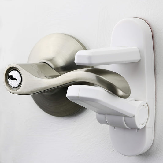 Easy-Install Door Lever Lock by COZYPANDA - Strong Adhesive, No Drilling Needed, One-Handed Operation for Safety, Made of White Plastic