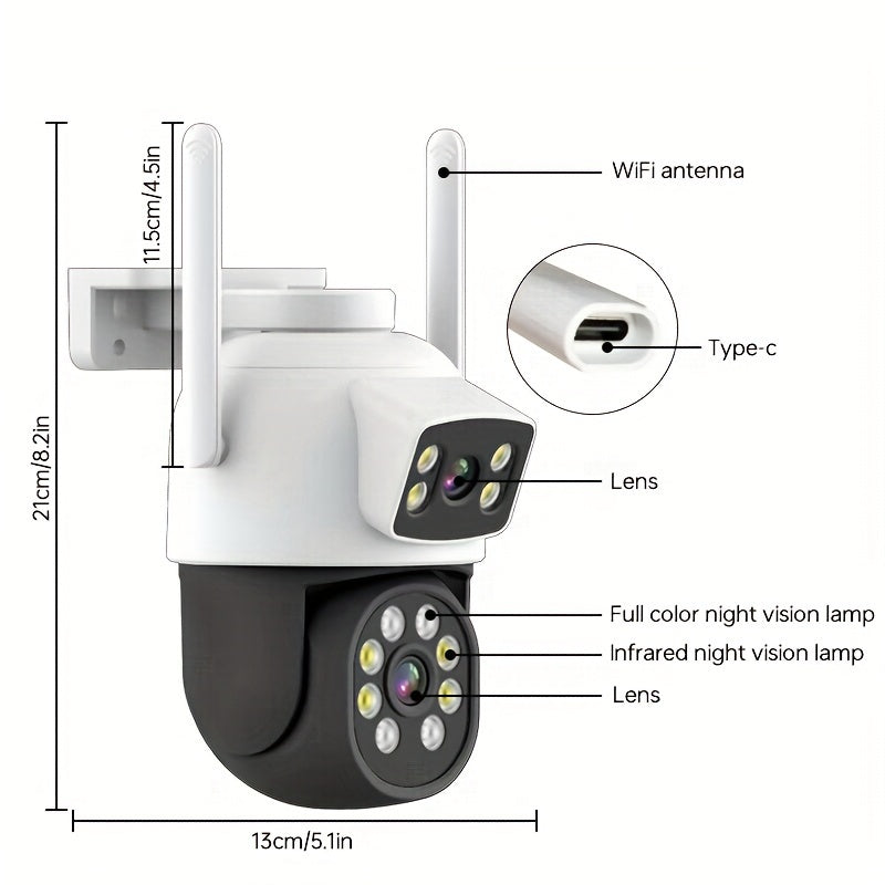 Zhxinsd 4MP Dual Lens Security Camera features 2.4/5GHz WiFi connectivity, motion detection, indoor/outdoor wireless home surveillance, 2-way audio, full color night vision, and is USB powered. Suitable for ages 14 and up, this camera does not require a