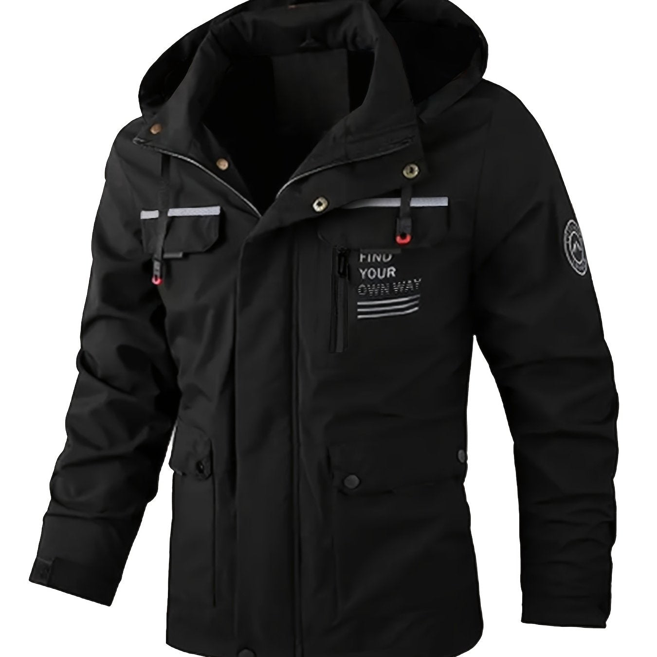 Black men's windproof, water-resistant jacket with logo design, multiple pockets, and comfortable polyester fabric. Suitable for cycling, running, and casual wear. Also available in plus