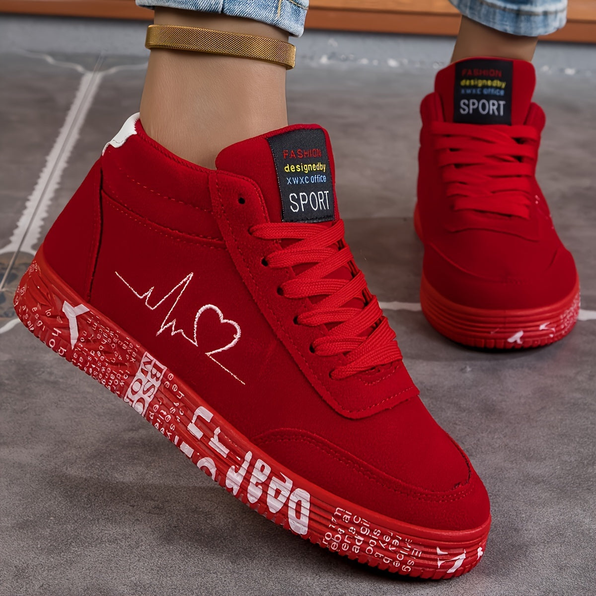 Women's high-top sneakers in red with a white heart and "I Love You" print, featuring a thick EVA sole for lightweight comfort. Made for casual travel with a lace-up design and all-season