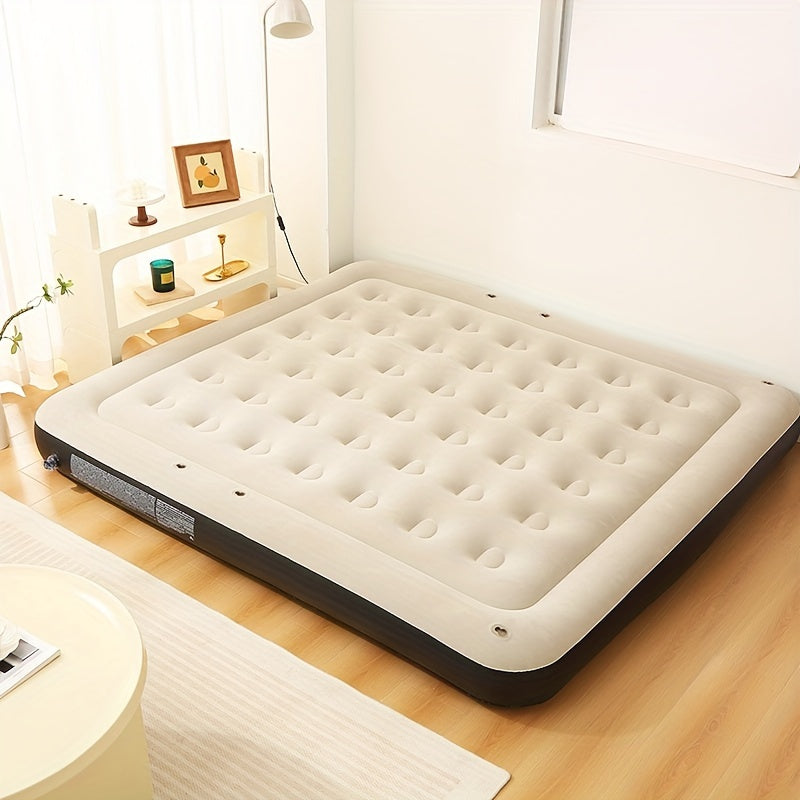 This inflatable air mattress features a headboard and stands at a height of 71.12cm. It has a comfortable flocked top and deep fill, made of plastic material with a polyester cover. The pump is included, requiring no electricity or battery. Perfect for