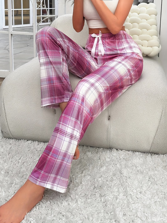 Womens' Plaid Bow Elastic Pajama Pants, Casual Style, Soft Autumn Sleepwear Bottoms