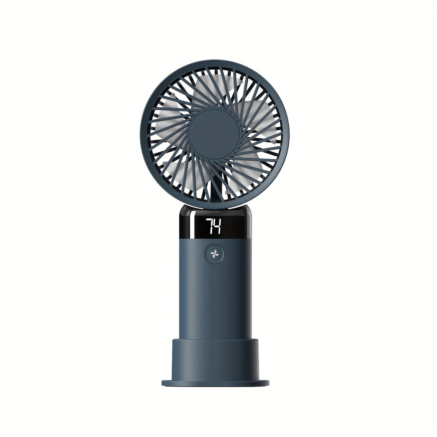 Portable handheld/desktop mini fan with adjustable angle, featuring 3 speeds, a digital display, long-lasting battery, dual-use standing and handheld design, USB charging, low-noise operation, and compact size ideal for office desk, bedside, or outdoor