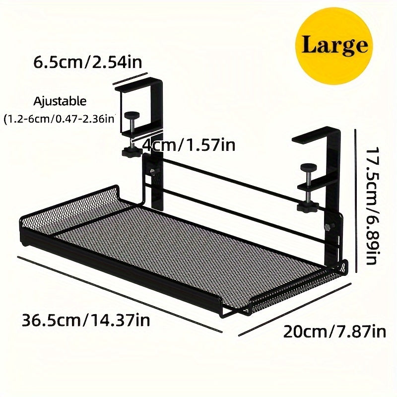 1pc Black under-desk cable management tray made of paint-finished iron wire for office desks without drilling needed.