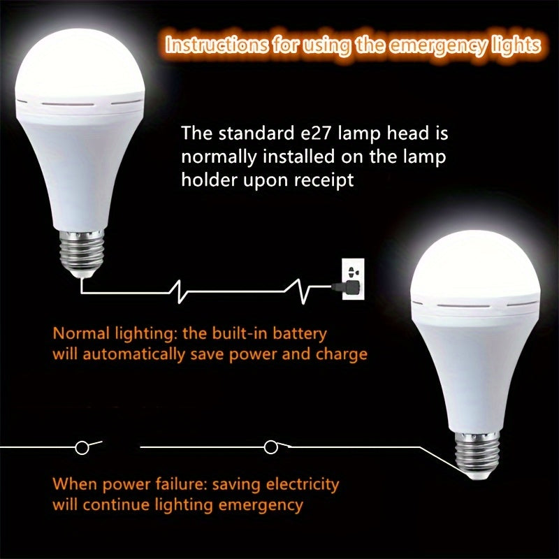 E27 LED favqulodda to'p lampasi, qayta zaryadlanadigan 1200mAh litiy batareyasi bilan, avtomatik quvvatni yoqish, uzoq muddatli yuqori yorqinlik, uyda foydalanish uchun qattiq simlangan, plastik soyabon, 85V-265V