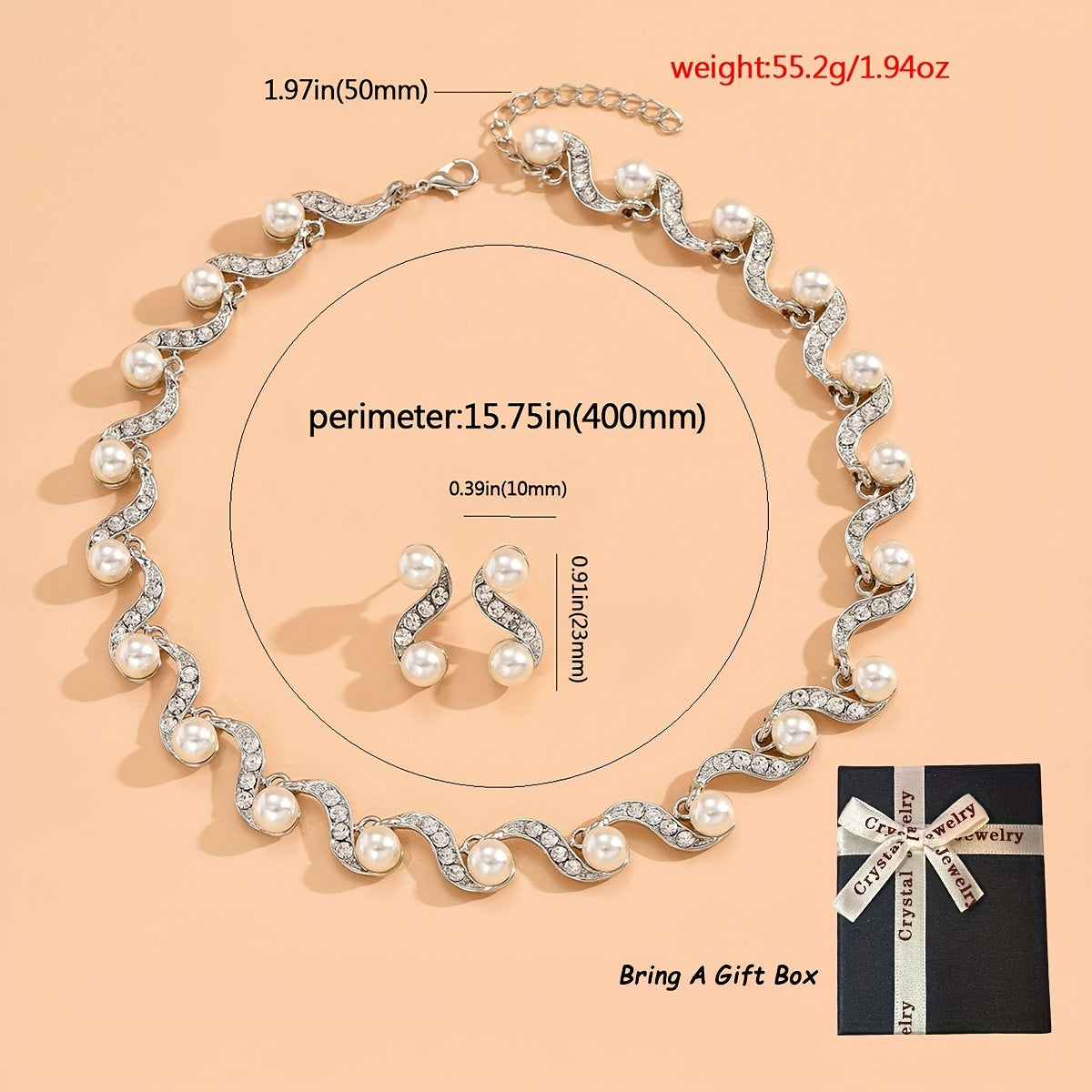 Stunning imitation pearl and diamond jewelry set, ideal for brides to wear on their special day.