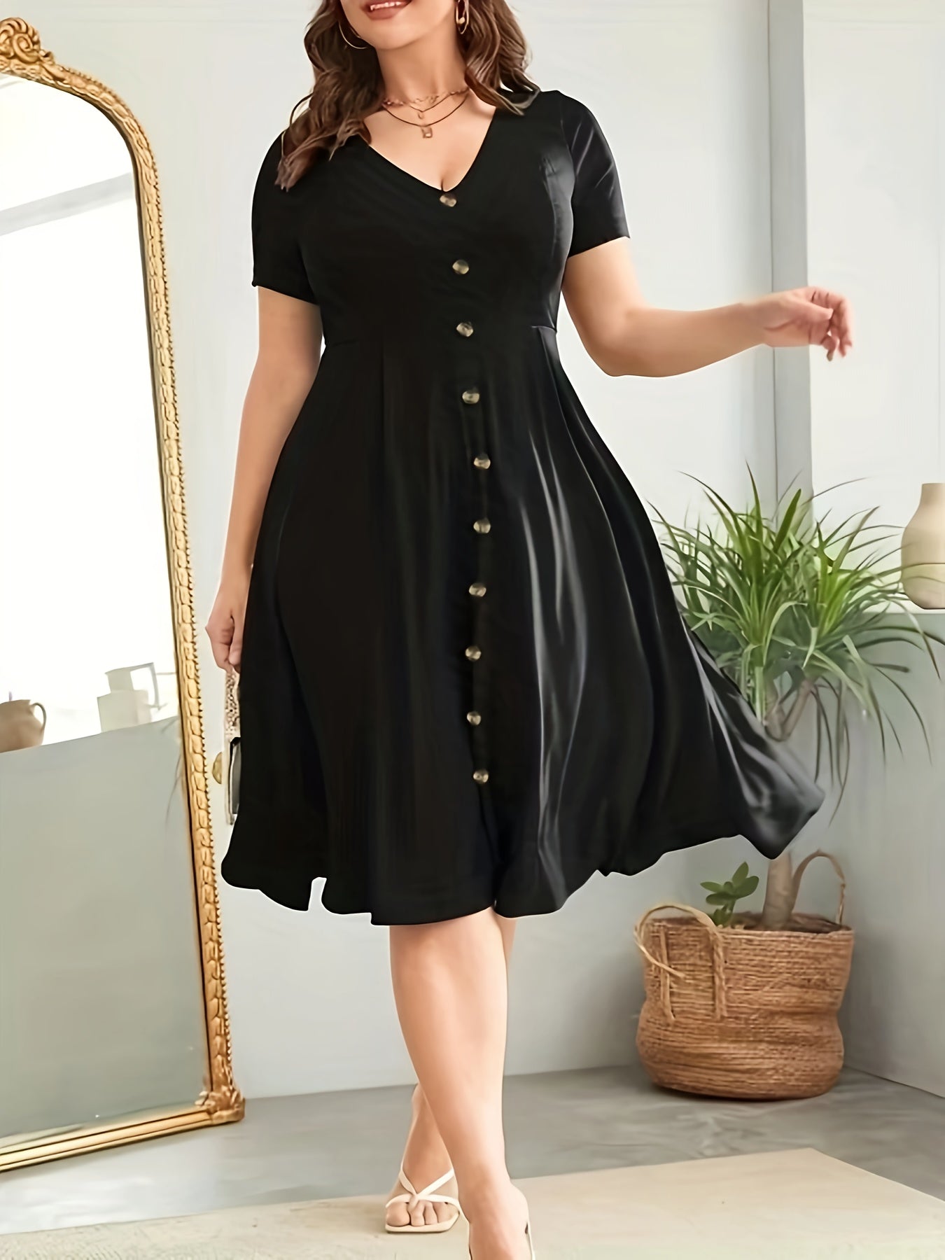 Polyester V-Neck Raglan Sleeve Dress with Fake Buttons, Flared Hem, Fitted, Elegant for Women, Weekend Casual, Spring/Summer